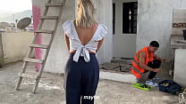 Builder fucks boss&#039;s blonde wife on outdoor deck - Ann Rides &amp; Angel Cruz