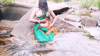 Villege aunty outdoor water fall bathing. Telugu dirty talks. 16 min
